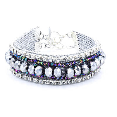 Bratara plata cu cristale argintii si hematit multicolor si strasuri | Cristale fatetate de 8mm | Hematit de 2mm | Strasuri de 2mm argintii | Inchizatoare metalica toggle | BR0140