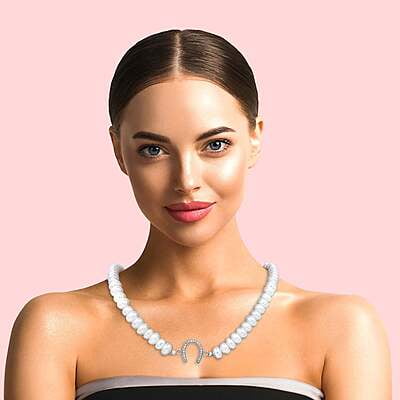 Colier din argint | Perle de 8mm cu element din argint cu zirconii în forma de potcoava | Inchizătoare din argint cu lanţ prelungitor | Handmade | COL0003