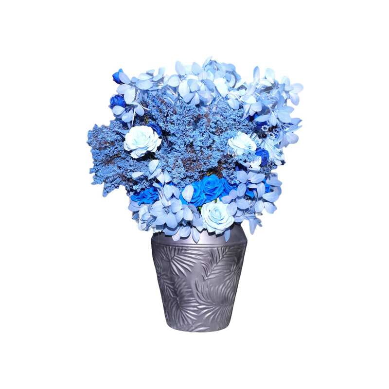 Aranjament din flori artificiale Prosperity | Trandafiri real touch | Bijuterie Lapislazuli, cristale albastre | AF0133